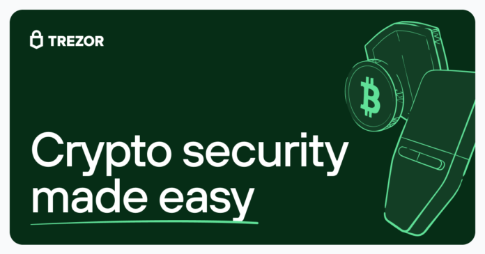 Trezor-Hardwaregerät neben Laptop; Bild illustriert Offline-Signierung, Seed-Backup und physische Verpackungsprüfung als Sicherheitsmaßnahmen