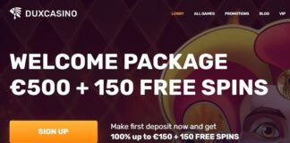Dux Casino 20 FS no deposit + 100% bonus + 150 free spins