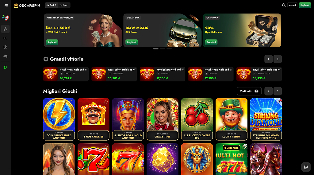 Casinò OscarSpin - Approfitta dell'offerta: 100% fino a 1500 € + 250 FS