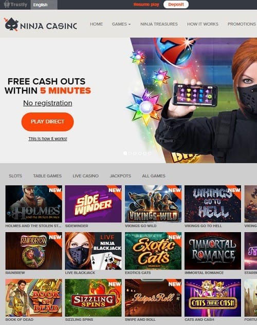 Ninja Casino [Trustly login, no registration] - Free Spins Bonus!