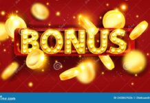Casino Bonus Banner, Golden Flying Coin, Light Bulbs, Vector Red ...