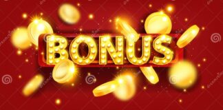 Casino Bonus Banner, Golden Flying Coin, Light Bulbs, Vector Red ...