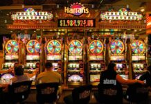 Gamblers sitting in front of slot machines in Harrah's Casino on the ...