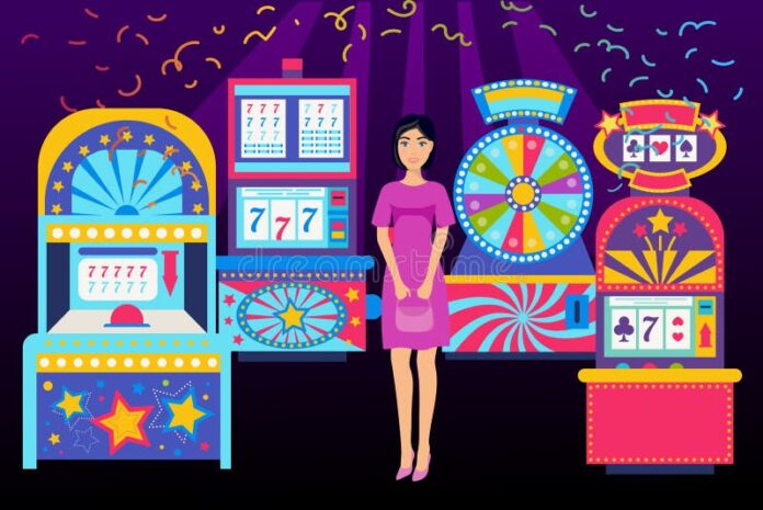 Girl Visiting Casino Place Banner Vector Illustration. Win Jackpot in ...