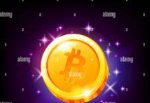 Gold bitcoin coin satoshi with sparkles, crypto currency slot icon for ...