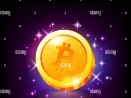 Gold bitcoin coin satoshi with sparkles, crypto currency slot icon for ...