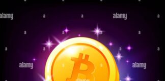 Gold bitcoin coin satoshi with sparkles, crypto currency slot icon for ...