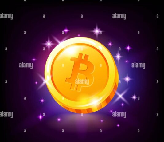 Gold bitcoin coin satoshi with sparkles, crypto currency slot icon for ...