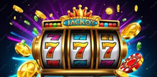 Golden slot machine wins the jackpot 777 Big win concept Casino jackpot ...