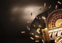 Caspero Casino – entwickelt für Spieler, die in Deutschland zocken und gewinnen wollen Poster with copy space, gold slot machine, Casino Roulette, poker chips ...