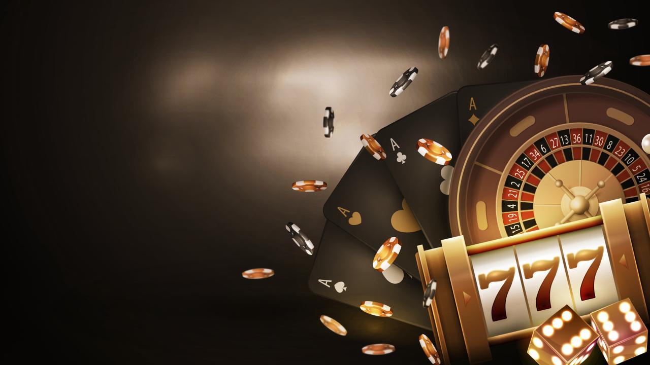Poster with copy space, gold slot machine, Casino Roulette, poker chips ...