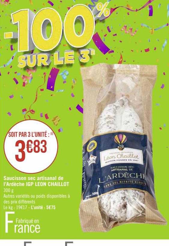 Promo Saucisson Sec Artisanal De L'ardèche Igp Léon Chaillot chez Géant ...