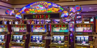 Slot machines in the Golden Nugget Casino, Fremont Street, downtown Las ...