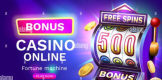 Slots free spins 500, promo flyer poster, banner game play. Vector ...