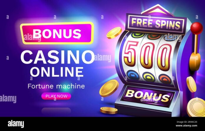 Slots free spins 500, promo flyer poster, banner game play. Vector ...
