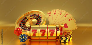 Gold Casino Slot, Poker Cards, Poker Chips And Dices On The Golden ...