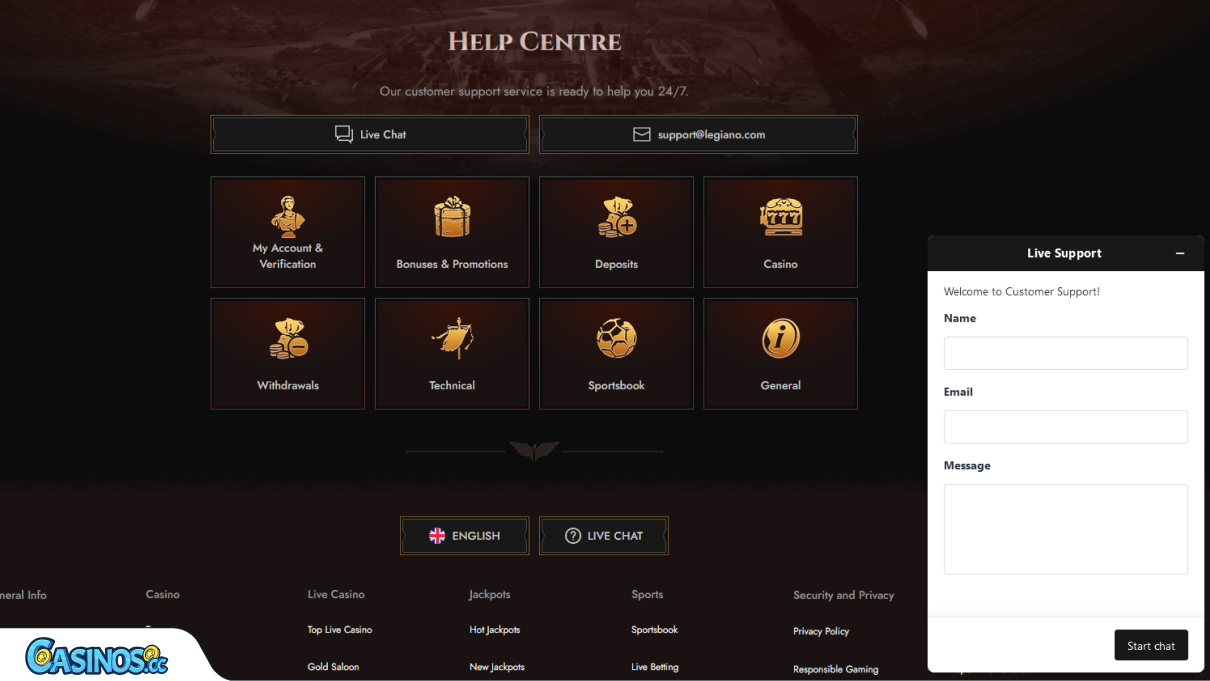 Legiano Casino Customer Support - Get in touch