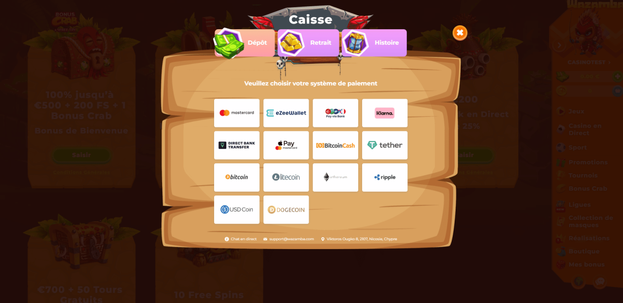 Wazamba ᐈ Bonus Bienvenue 500€ + 200 FS +1 Bonus Crab