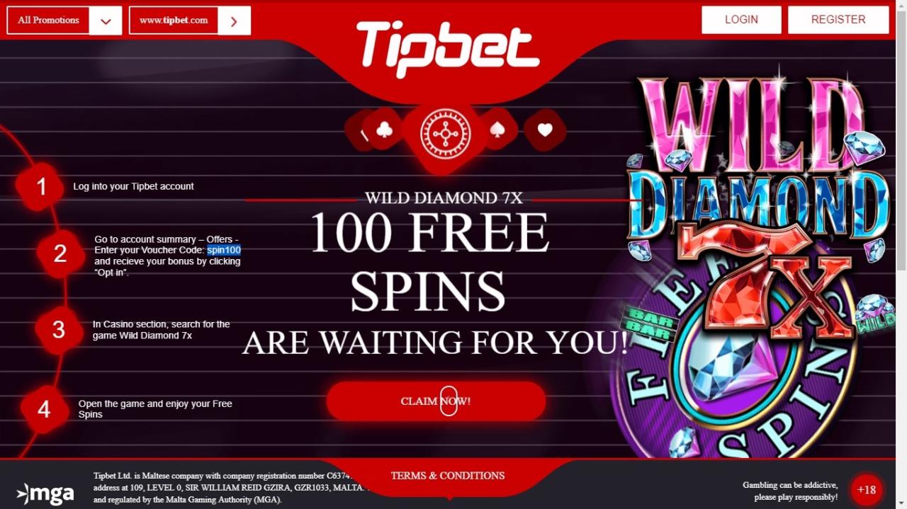 100 Free Spins No Deposit On Wild Diamond At Tipbet Casino