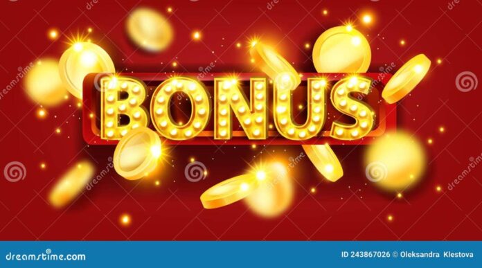 Casino Bonus Banner, Golden Flying Coin, Light Bulbs, Vector Red ...