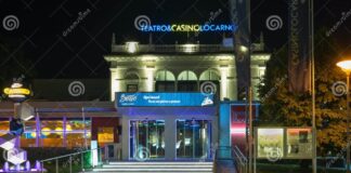 European Casino with Illuminated Signs at Night Locarno Switzerland ...