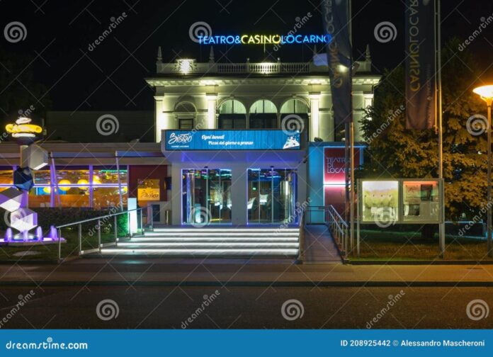 European Casino with Illuminated Signs at Night Locarno Switzerland ...