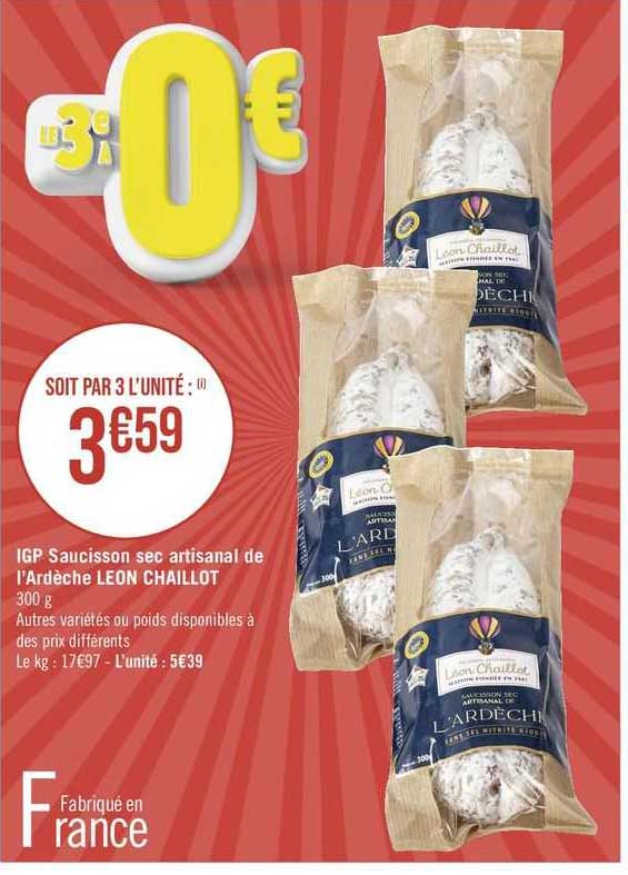 Promo Igp Saucisson Sec Artisanal De L'Ardèche Léon Chaillot chez Géant ...