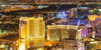 LAS VEGAS, NV - JUNE 29, 2018: Aerial Night View of Main City Casinos ...