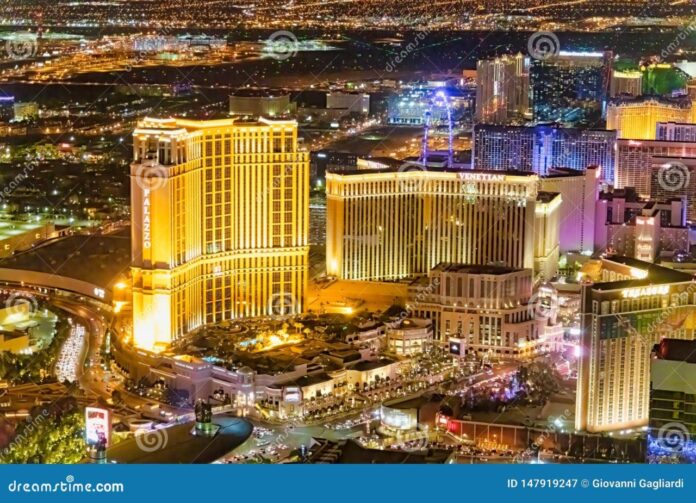 LAS VEGAS, NV - JUNE 29, 2018: Aerial Night View of Main City Casinos ...