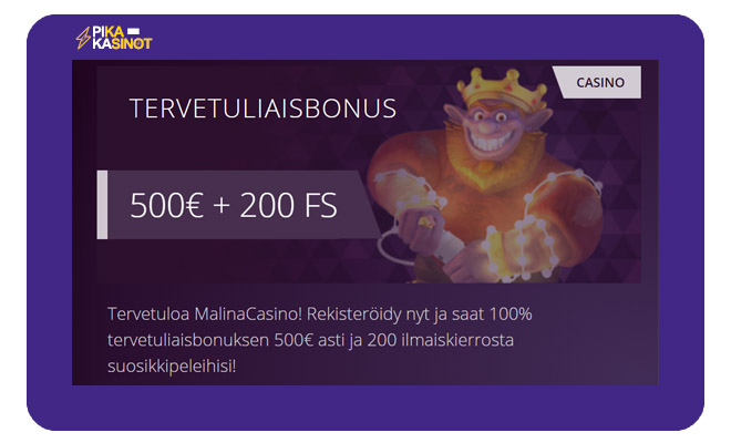 Malina Casino | Ota 100% Bonus 500 € Asti | Pika-Kasinot.com