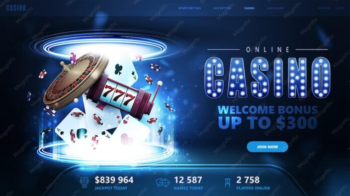 online-casino-welcome-bonus-blue-banner-website-with-button-casino-playing-cards-casino-roulette-slot-machine-poker-chips-inside-blue-portal-made-digital-rings-dark-empty-scene_7993-7676 Premium Vector | Online casino welcome bonus blue banner for website ...